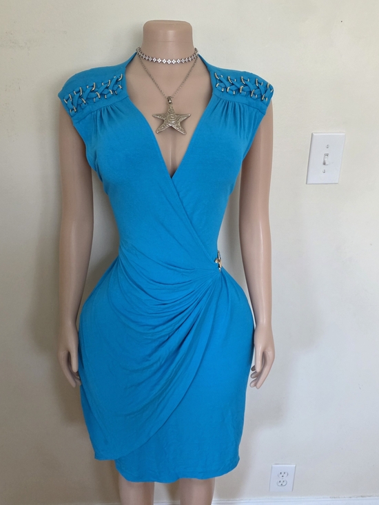 Cache Dresses & Skirts - Cache Turquoise Blue Wrap-Style Sheath Dress with Embellished Cap Sleeves